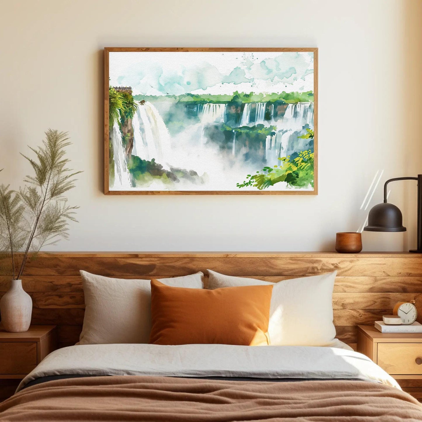 Iguazu Falls canvas wall art shown in a bedroom
