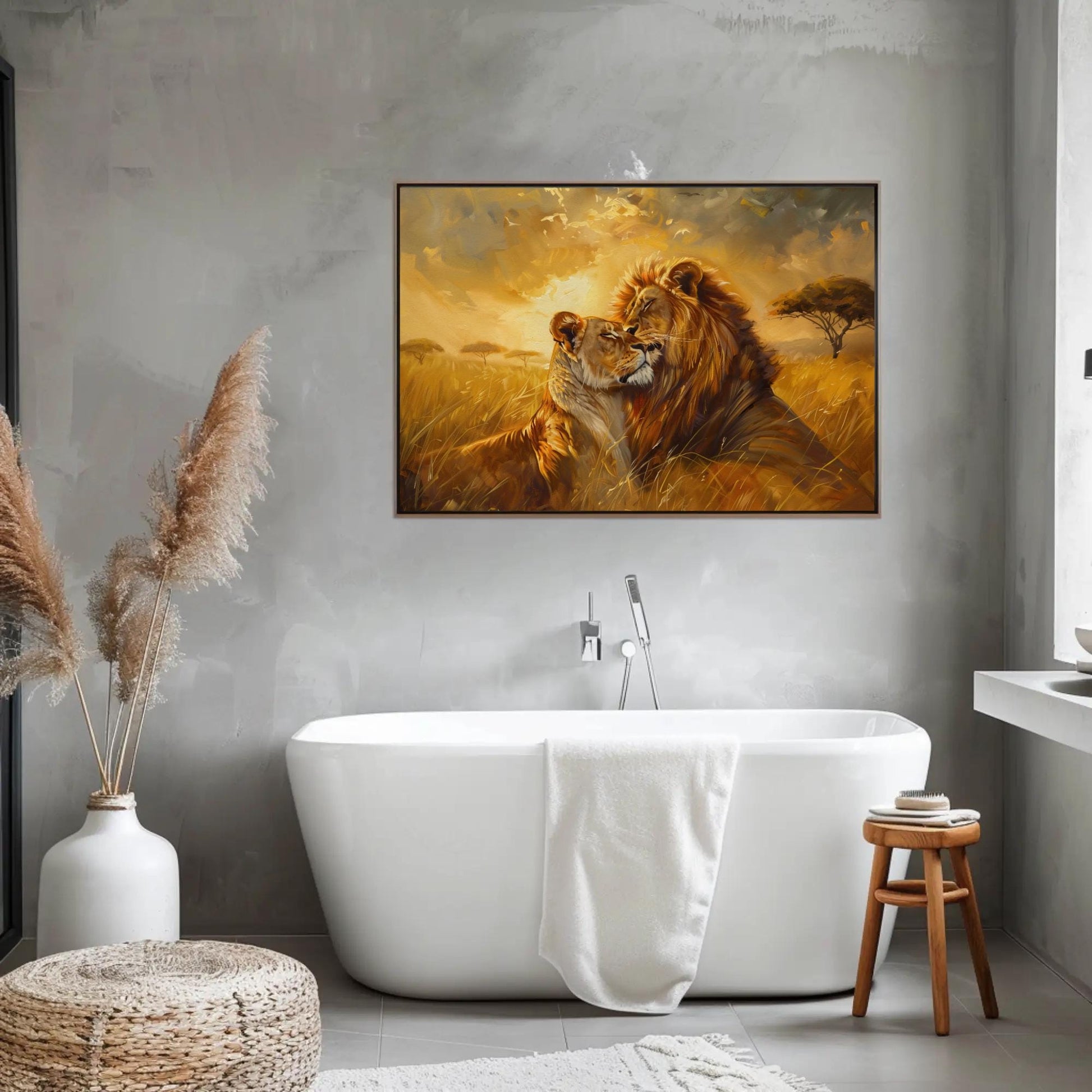 Lion Couple , Romantic Wildlife Sunset canvas wall art shown in a bathroom