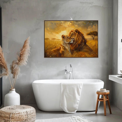 Lion Couple , Romantic Wildlife Sunset canvas wall art shown in a bathroom
