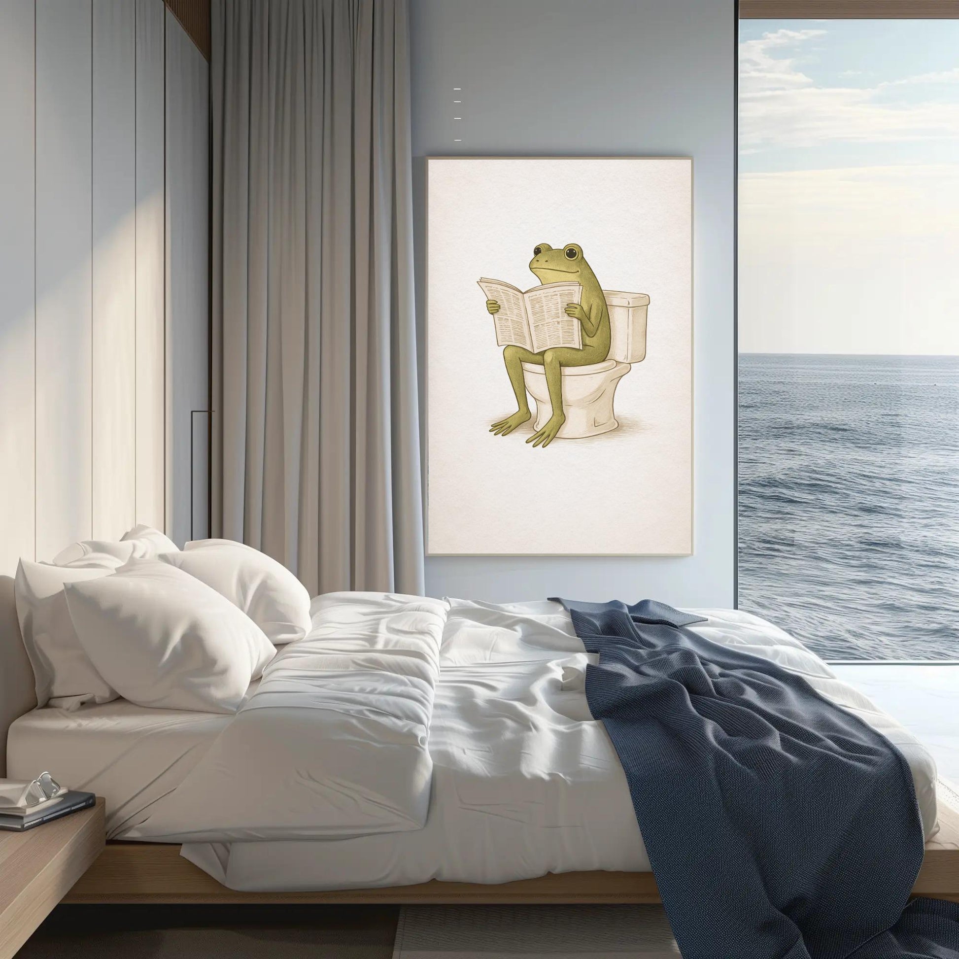 Frog Bathroom canvas wall art shown in a bedroom