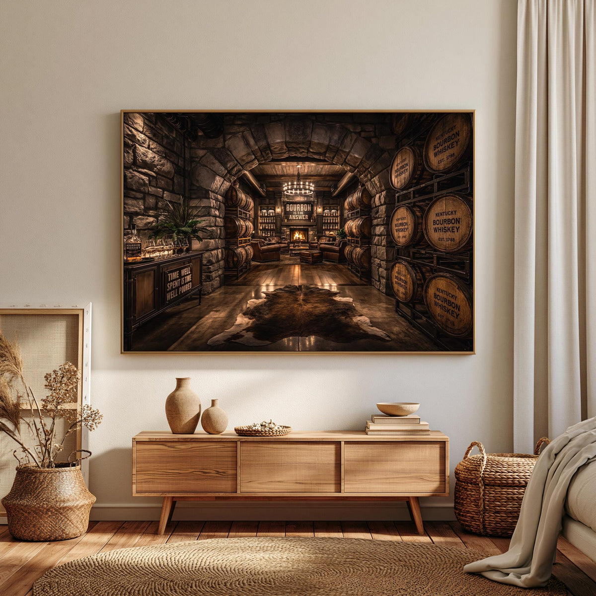 a cozy and rustic living room with a large wooden cabinet, a woven basket, and a framed picture of a wine cellar.