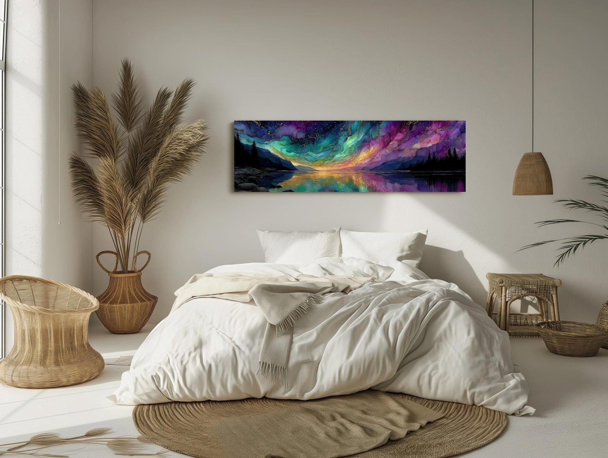 Aurora Lake , Northern Lights Panoramic canvas wall art shown in a bedroom (view 2)