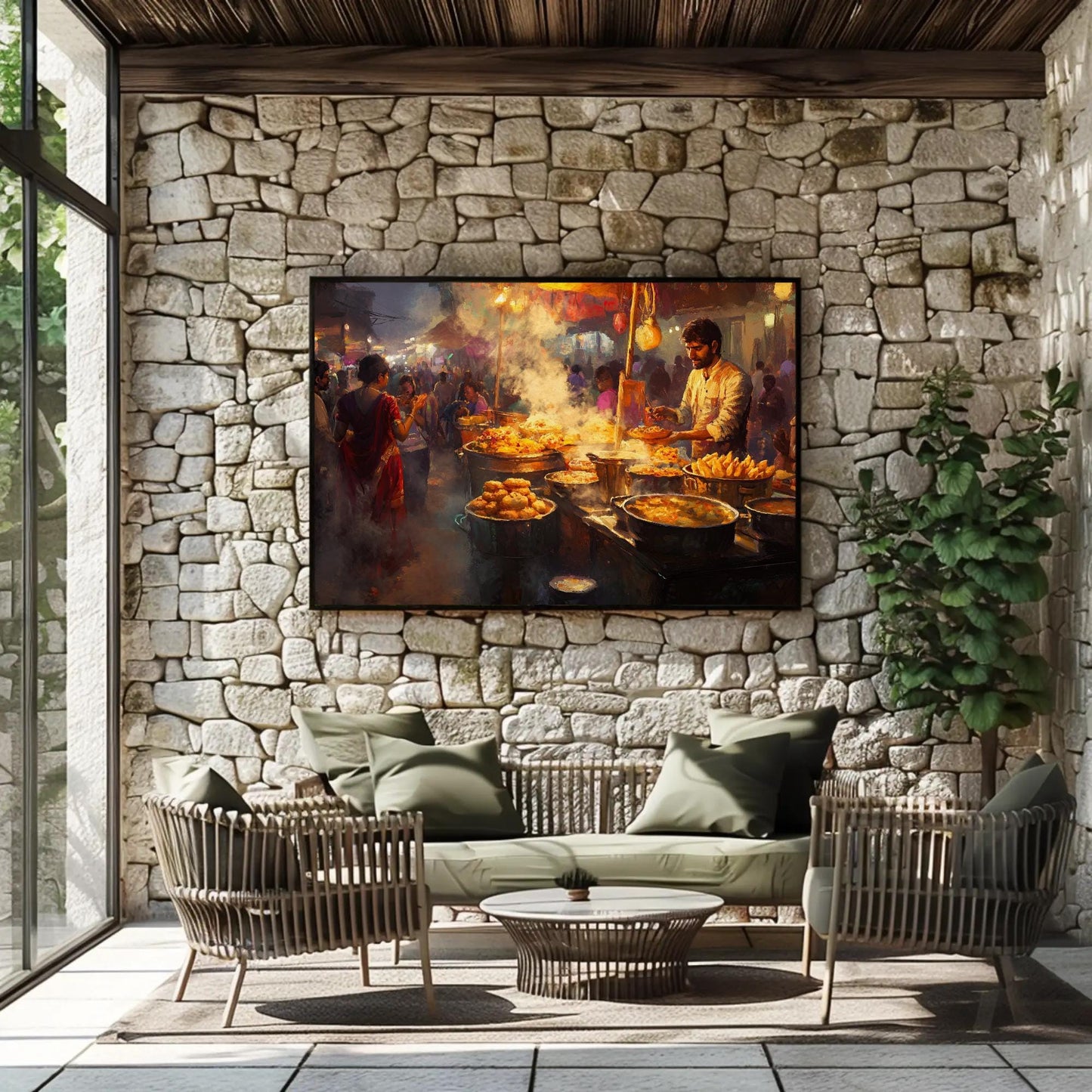 Indian Street Food , Vibrant Desi Culinary canvas wall art shown in a living room