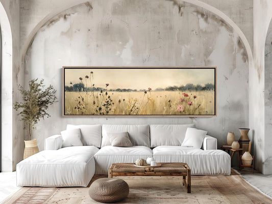 Wildflowers Vintage Painting – Panoramic Canvas Art | Framed Wall Decor in Earthy Tones