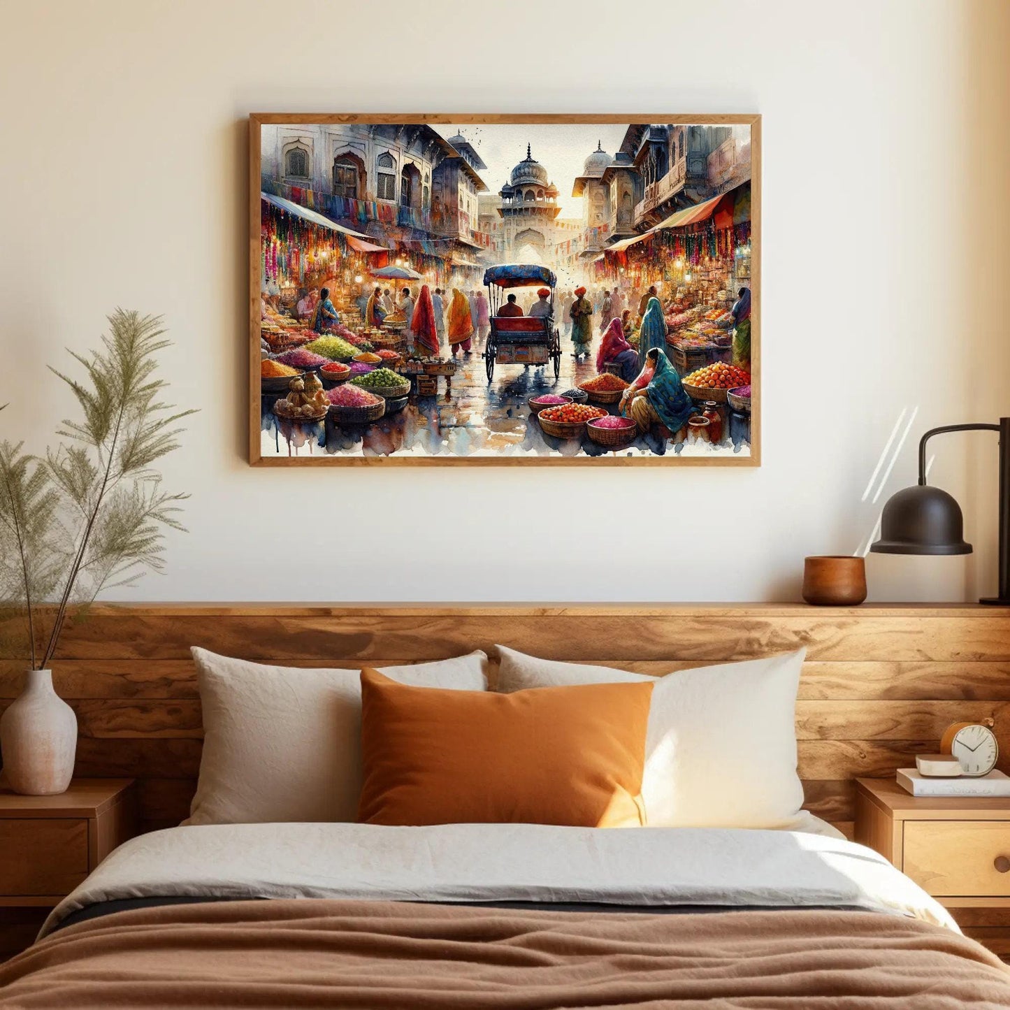 Indian Bazaar , Vibrant Spice Market canvas wall art shown in a bedroom