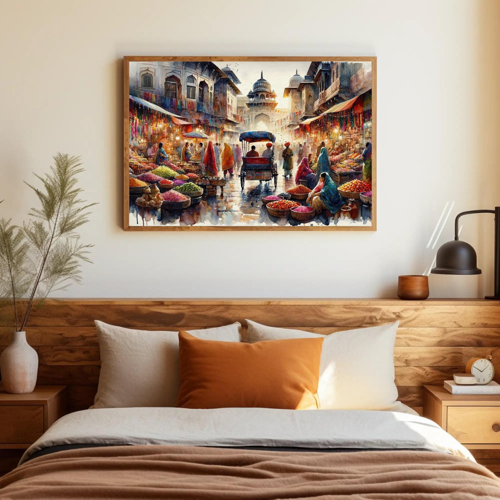 Indian Bazaar , Vibrant Spice Market canvas wall art shown in a bedroom
