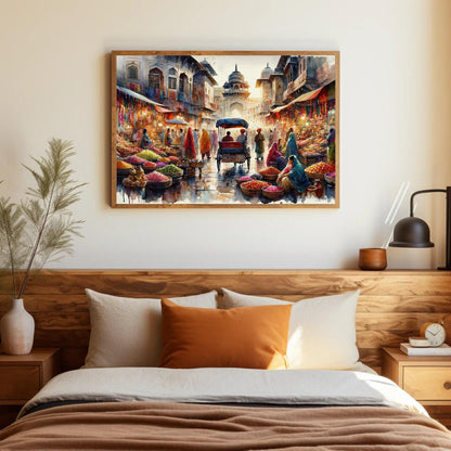 Indian Bazaar , Vibrant Spice Market canvas wall art shown in a bedroom