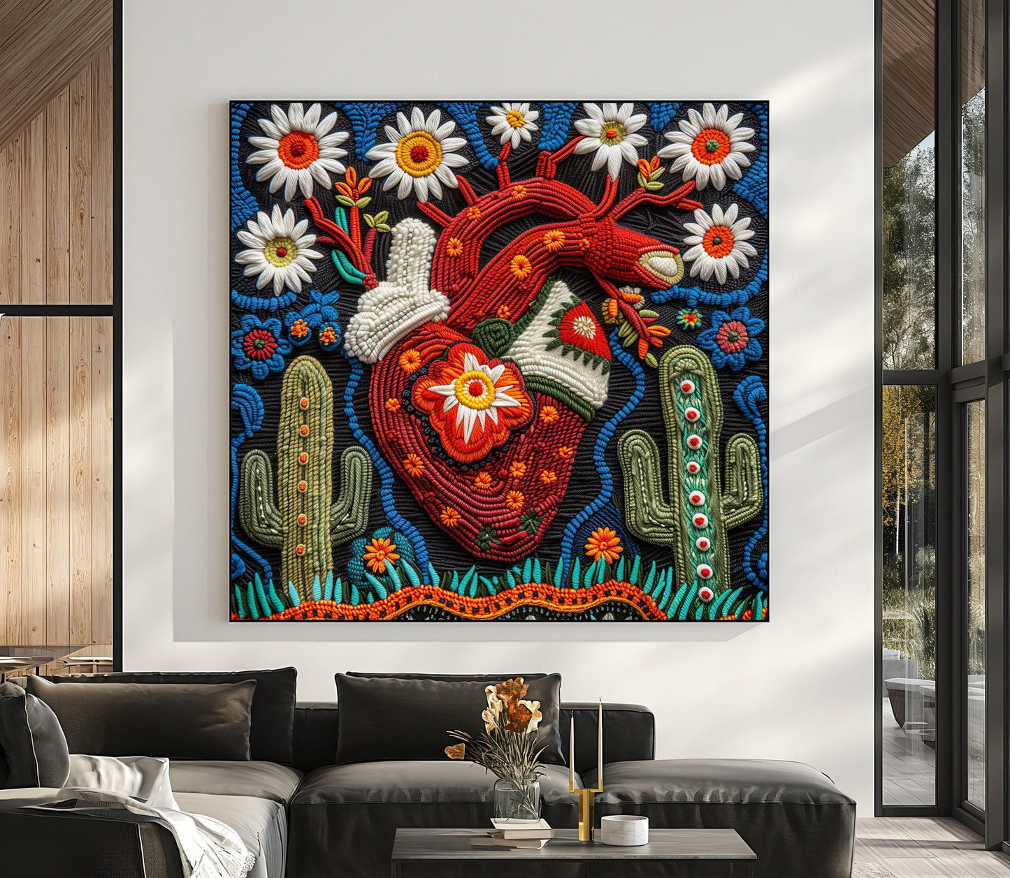 Huichol Yarn Cactus Canvas Print, Mexican Folk Art Decor