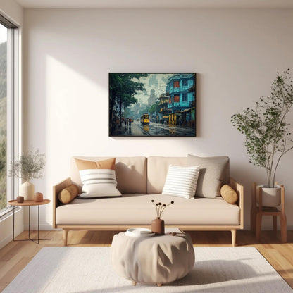 Kolkata , Vibrant Bengali City Street canvas wall art shown in a living room