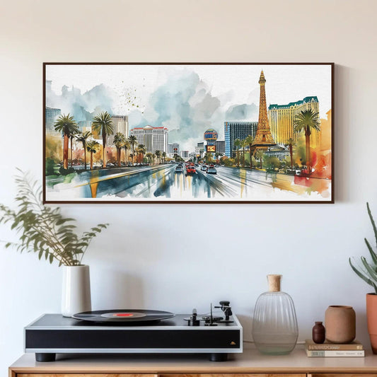 a painting hanging on a wall above a table