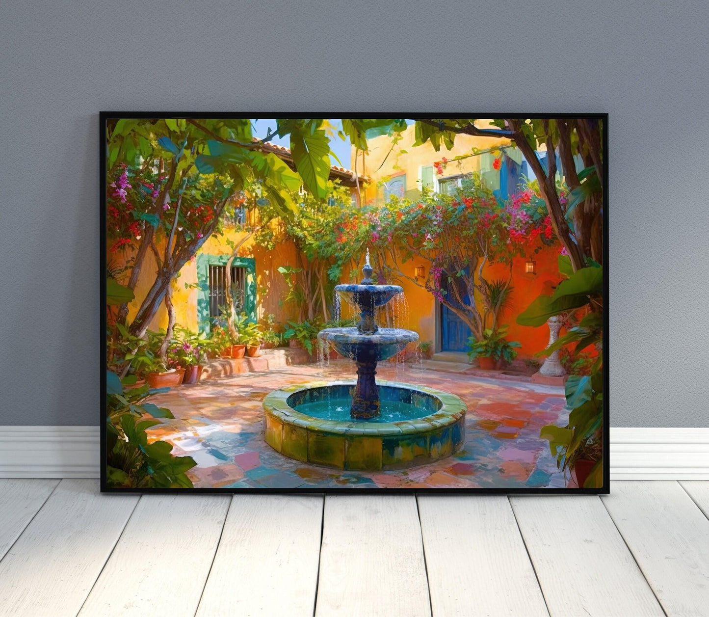 Mexican Garden Canvas Print, Latino Courtyard Fountain Art