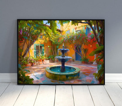 Mexican Garden Canvas Print, Latino Courtyard Fountain Art