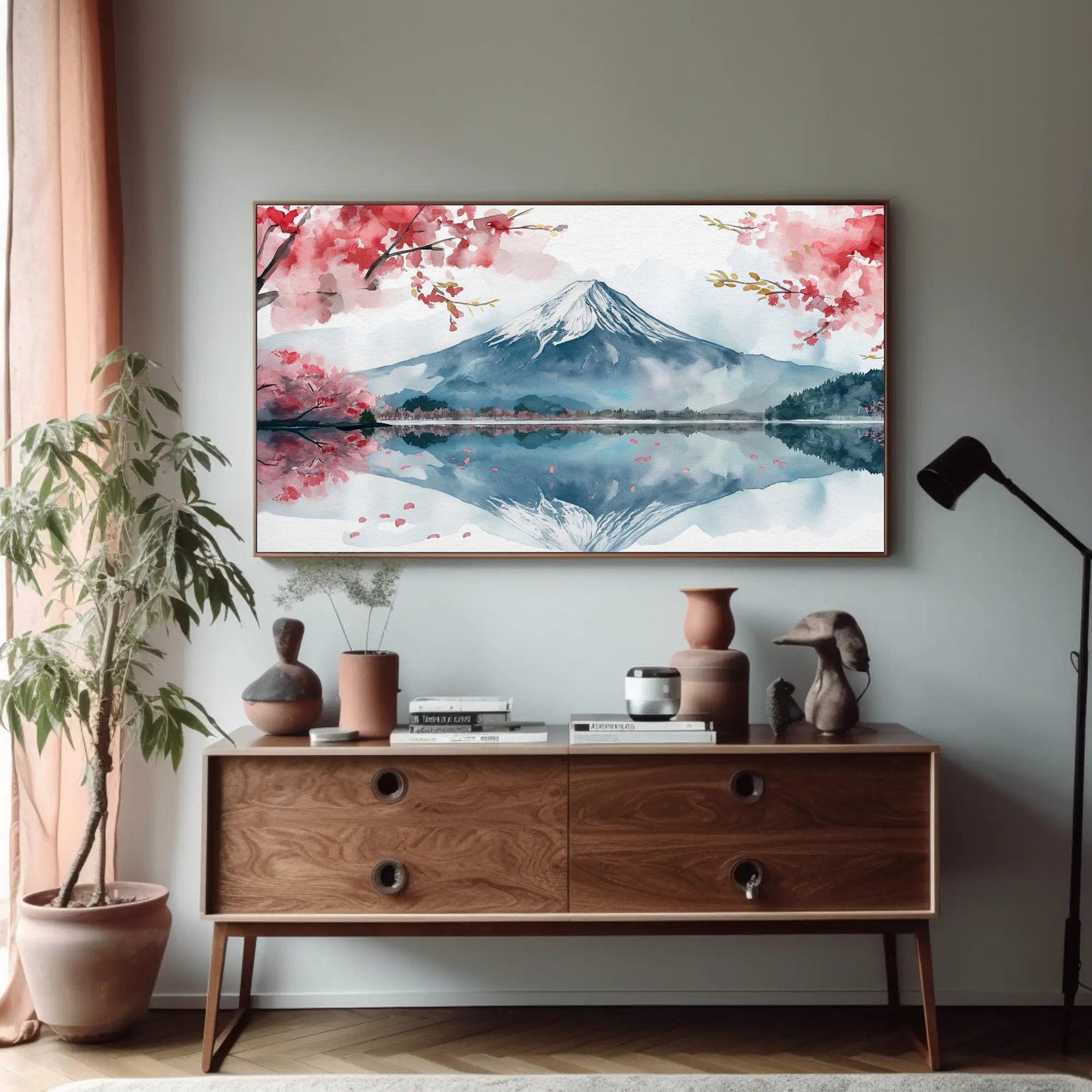 Mount Fuji canvas wall art shown in a styled room