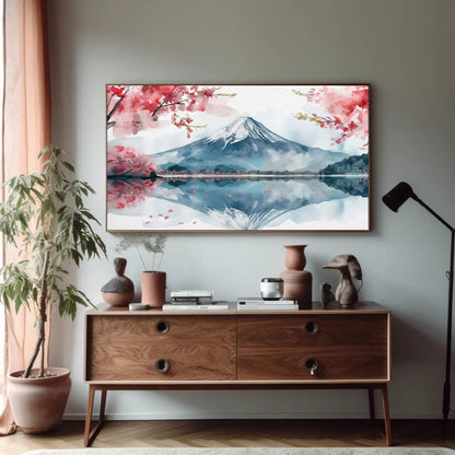 Mount Fuji canvas wall art shown in a styled room