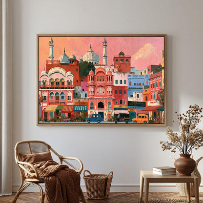 a large, colorful painting of a cityscape with buildings, cars, and people, hanging on a wall in a room with a chair, a table, and a vase of flowers.