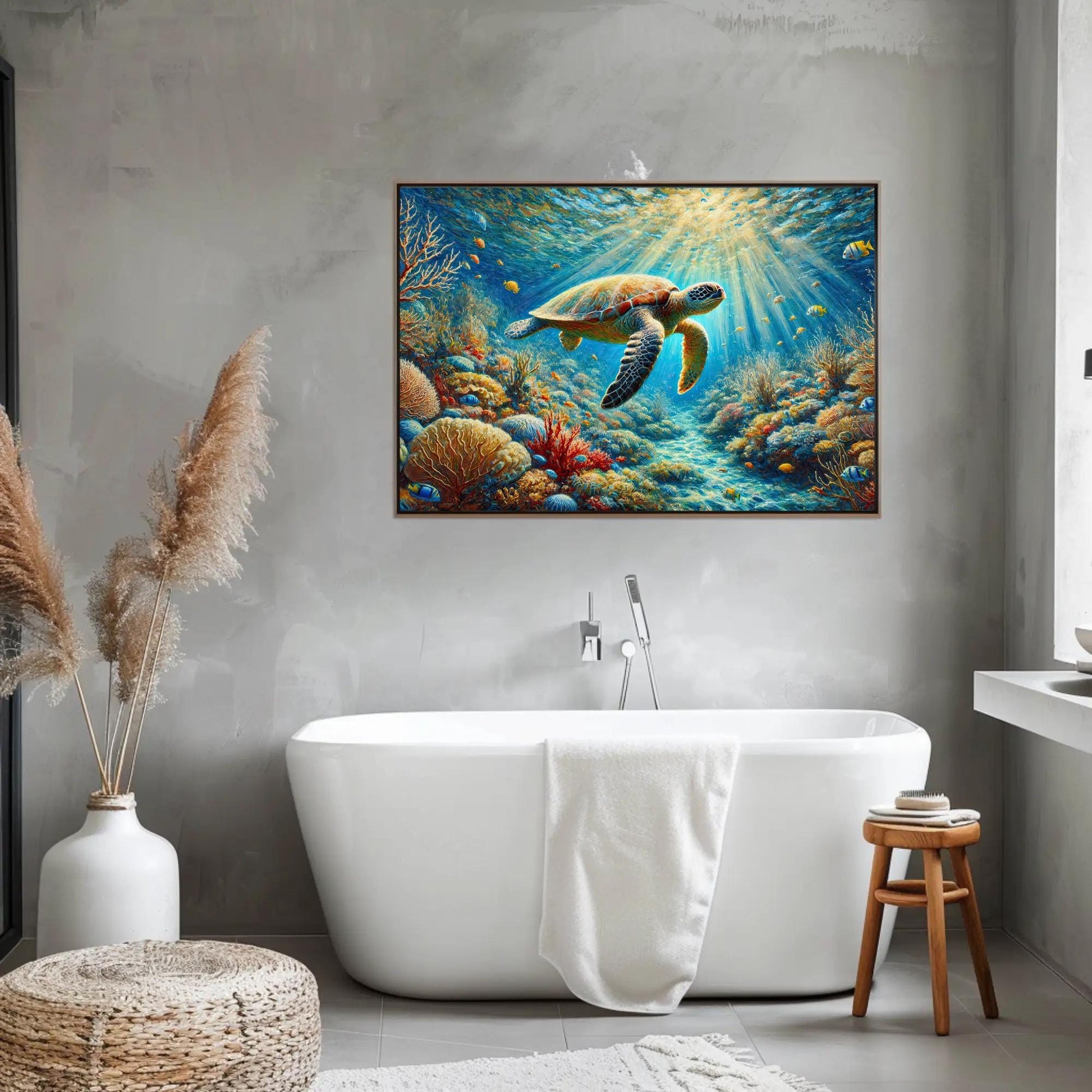 Sea Turtle canvas wall art shown in a bathroom