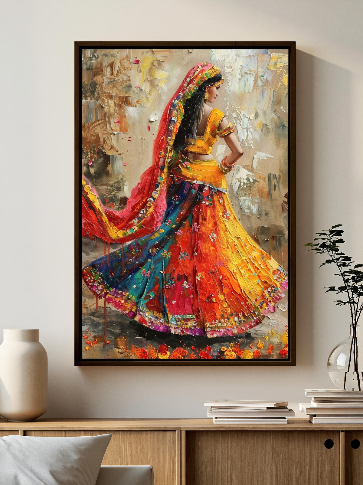 Rajasthani dancer canvas wall art, woman twirling in a saffron, teal and pink lehenga