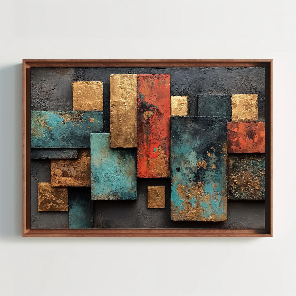 Geometric abstract canvas wall art, teal, rust and gold blocks with a heavy textured look