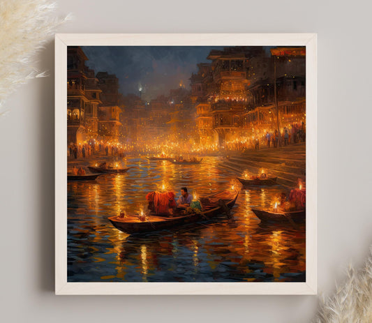 Varanasi Diwali Canvas Print, Ganges Festival Lights Wall Art