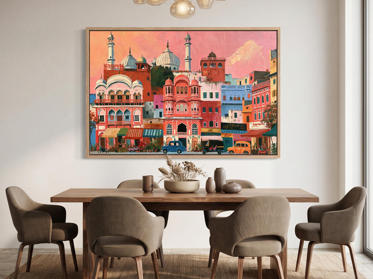 a large, colorful painting of a cityscape hanging on a wall above a wooden dining table with six chairs.
