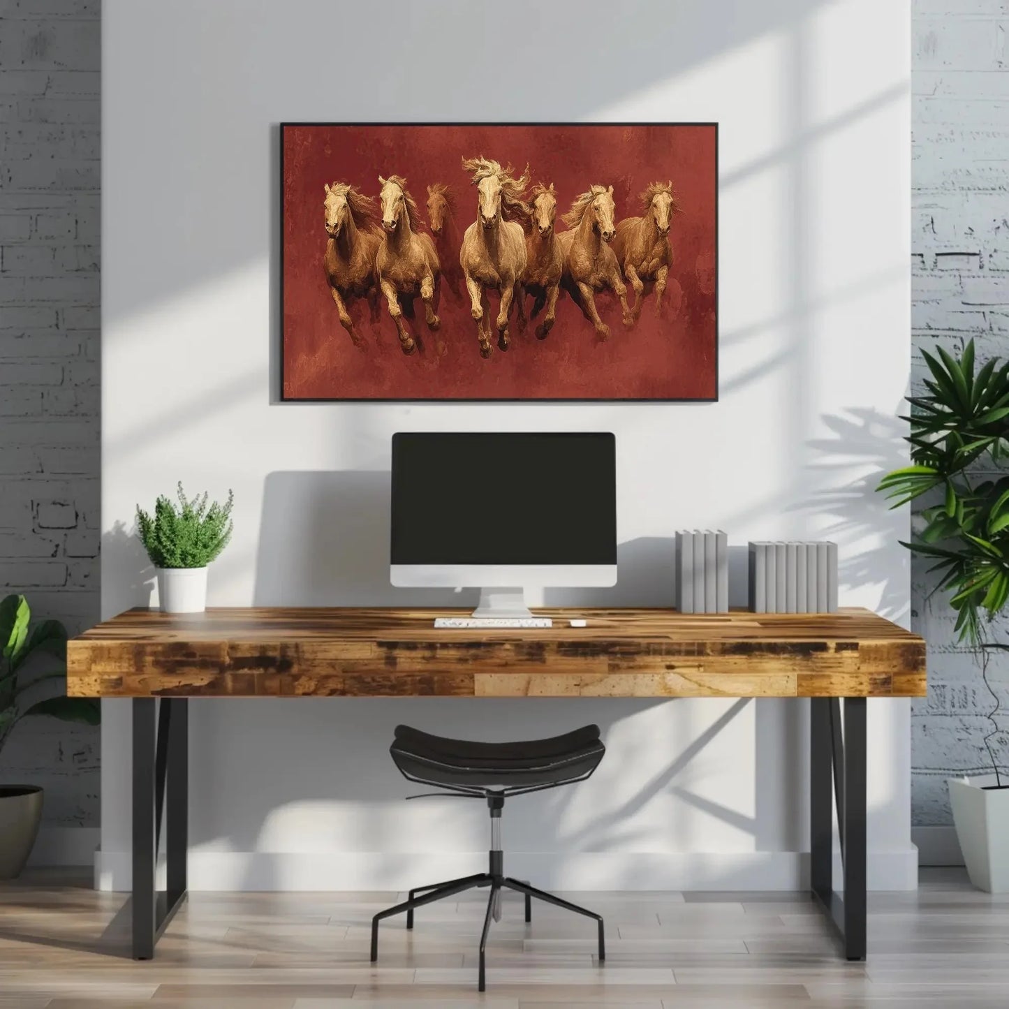 7 Gold Horses Vastu Canvas Art - Mocha Sunrise, Luxury Indian Decor for Success & Prosperity, Contemporary Equine Painting Wall Art – Canvas Print