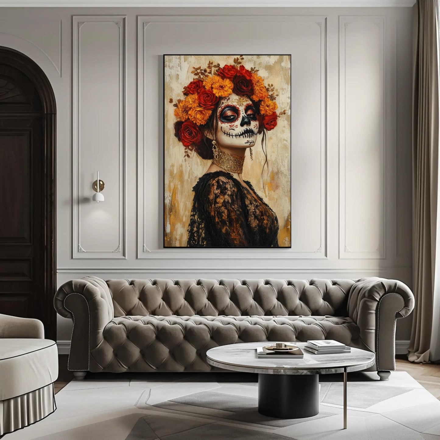 Sugar Skull canvas wall art shown in a living room (view 2)