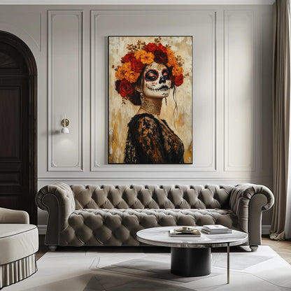 Sugar Skull canvas wall art shown in a living room (view 2)
