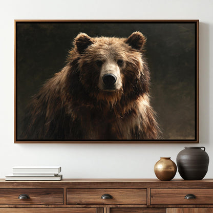 a large, framed painting of a brown bear on a wall above a wooden dresser.