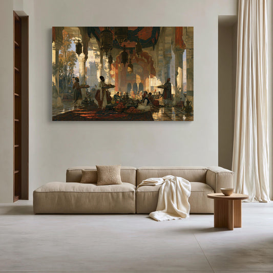 Mughal palace feast canvas wall art, large painting of a scene with people in a room with a sofa, table, and curtains