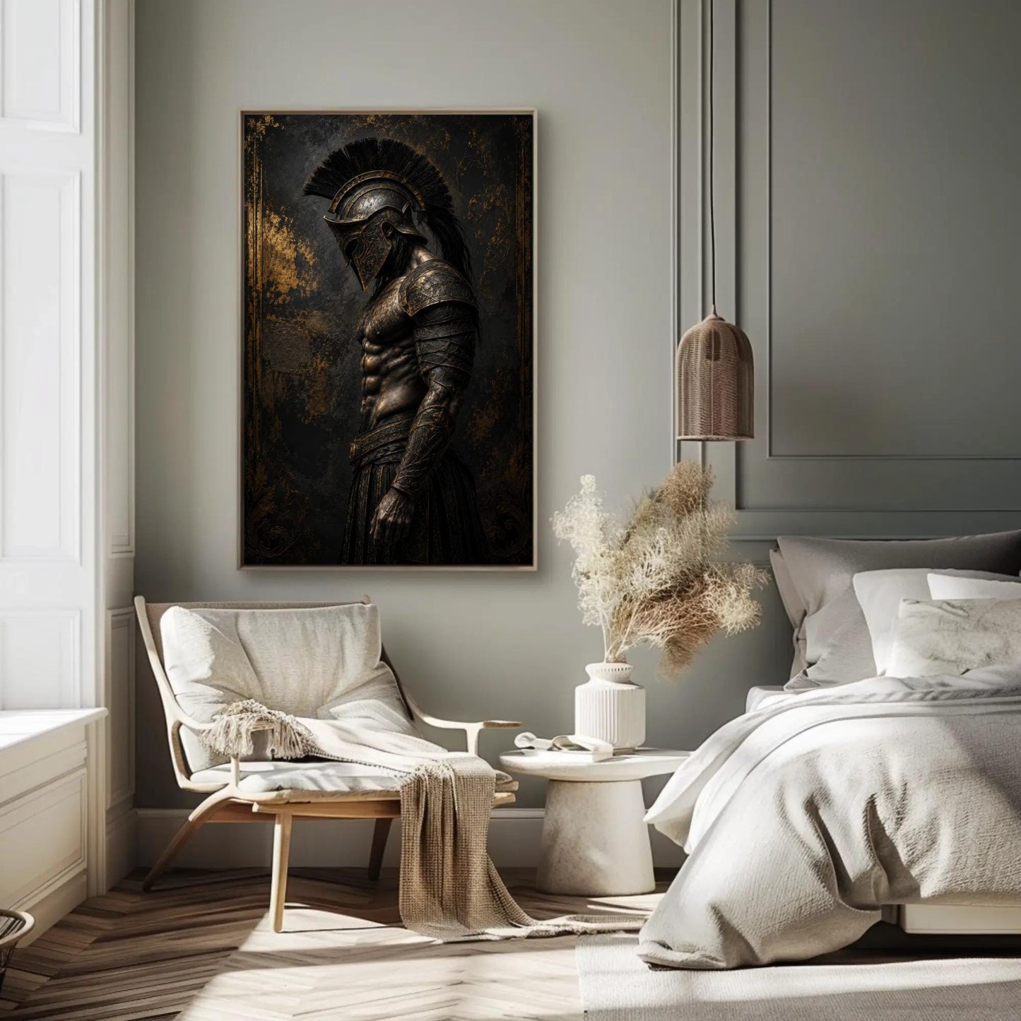 Spartan Hoplite canvas wall art shown in a bedroom
