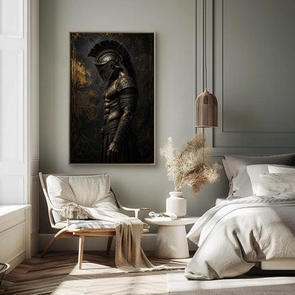 Spartan Hoplite canvas wall art shown in a bedroom