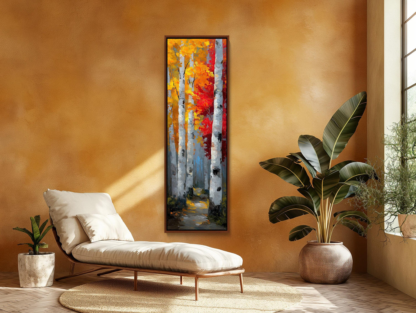 a living room with a painting on the wall