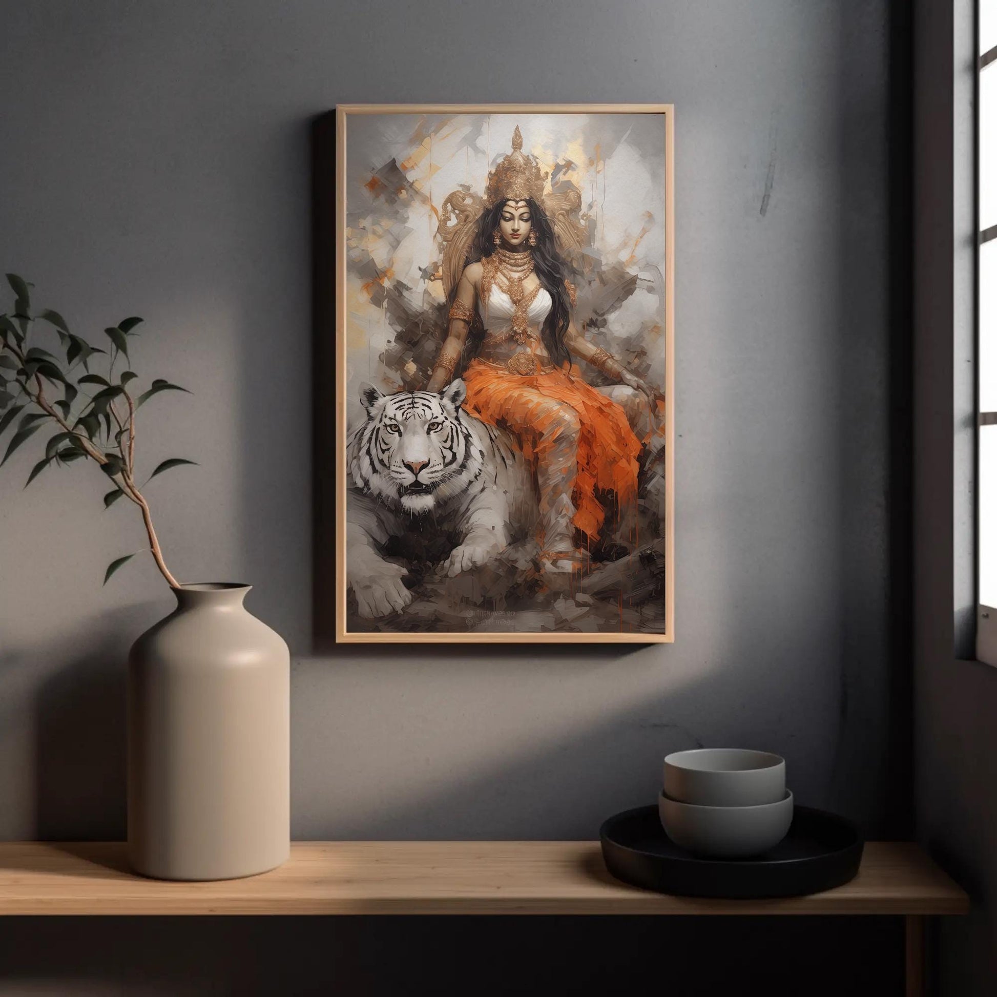 Goddess Durga canvas wall art shown in a styled room