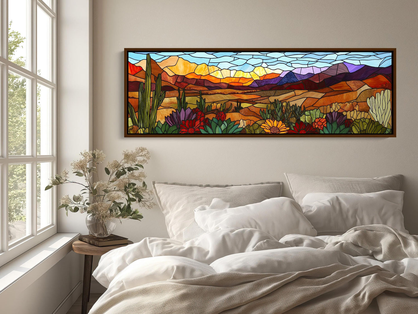 Agave Desert , Stained Glass Southwest canvas wall art shown above a bed