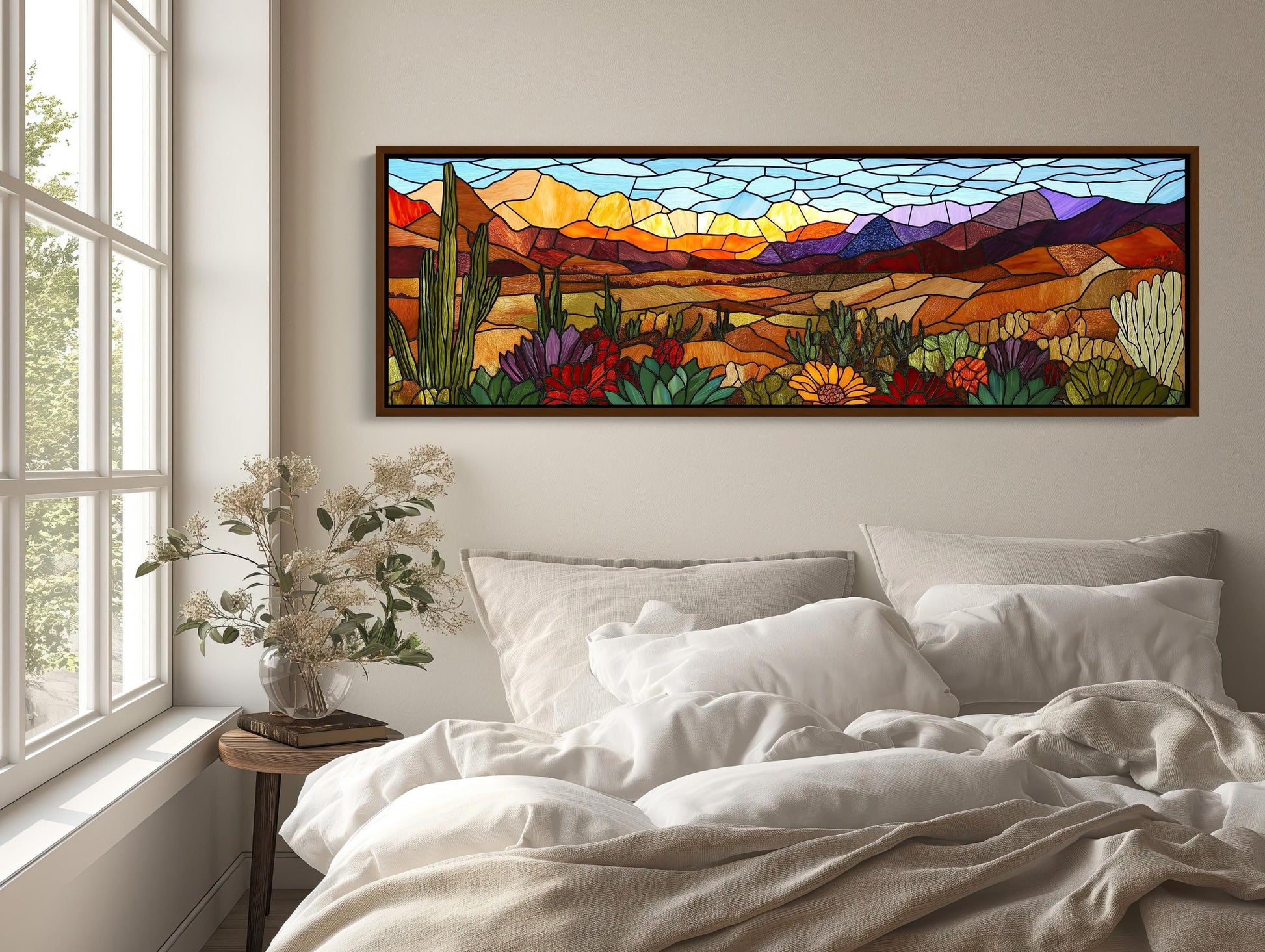 Agave Desert , Stained Glass Southwest canvas wall art shown above a bed