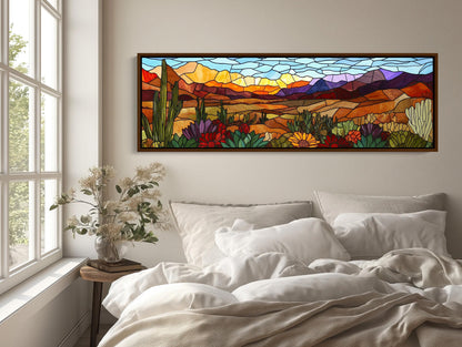 Agave Desert , Stained Glass Southwest canvas wall art shown above a bed