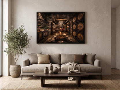 a cozy living room with a large framed picture of a rustic wine cellar hanging on the wall above a beige sofa with throw pillows. The room is decorated with a wooden coffee table, a potted plant, and a vase, creating a warm and inviting atmosphere.
