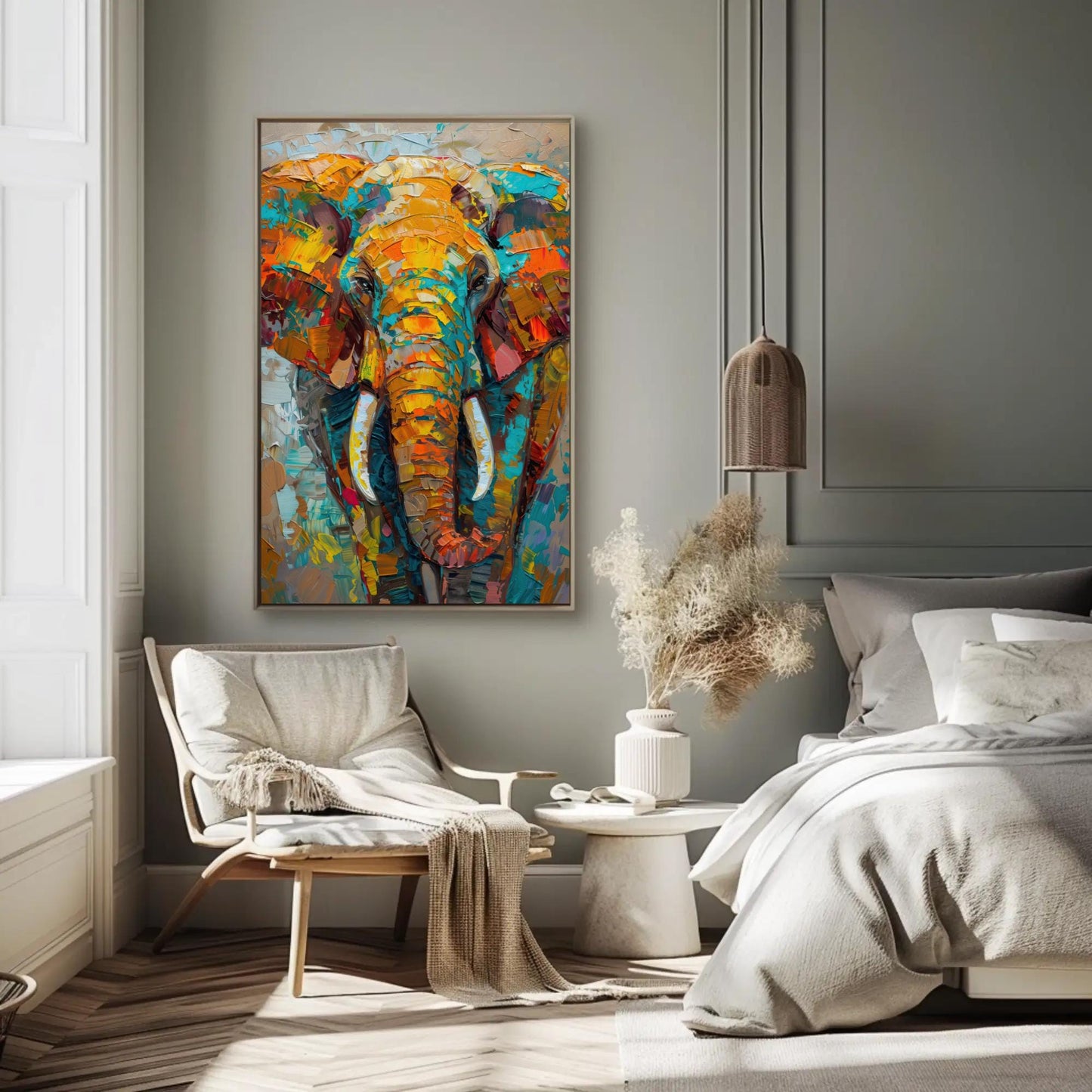 Vivid Elephant canvas wall art shown in a bedroom