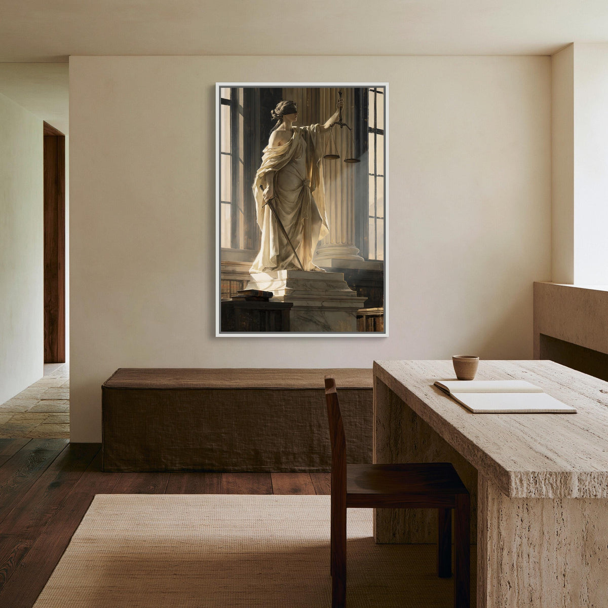 Lady Justice marble statue canvas wall art, large framed painting of a statue of a woman, which is hanging on a wall in a