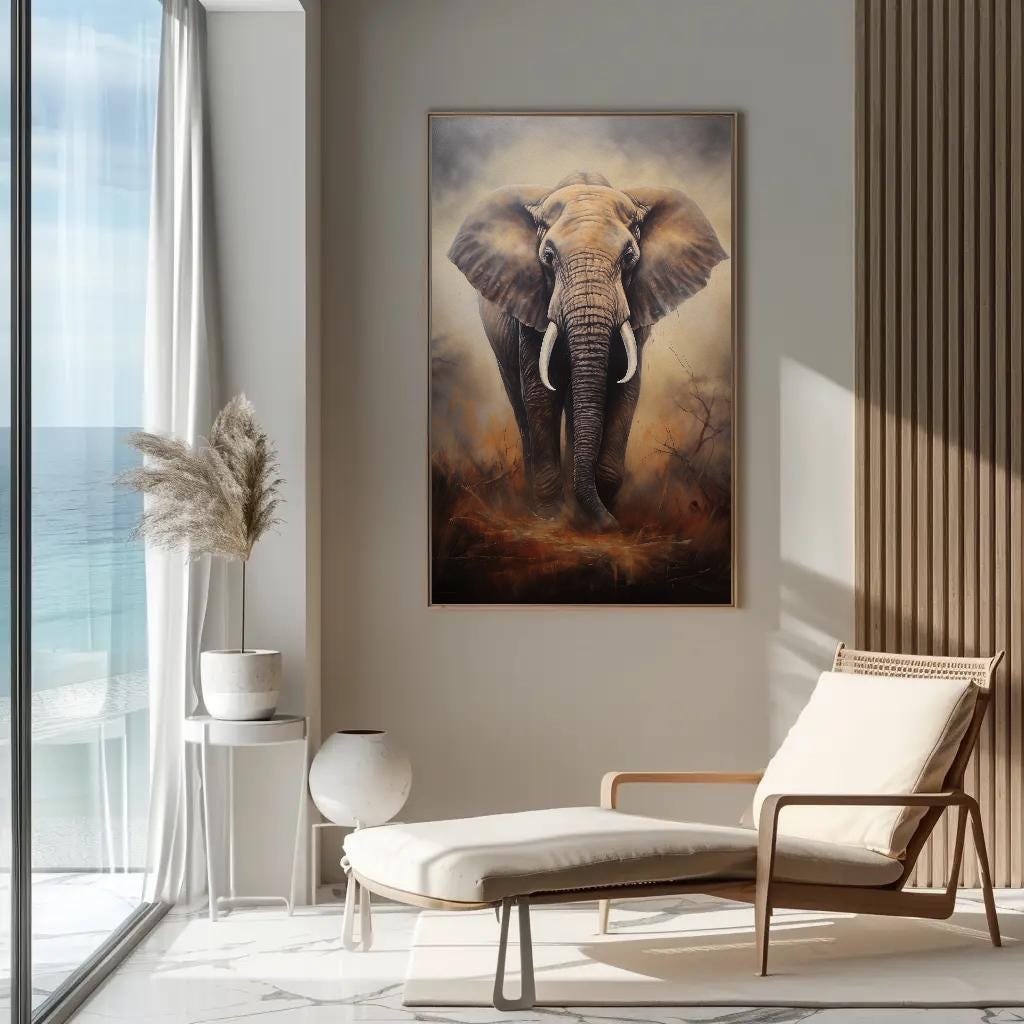 Elephant canvas wall art shown in a living room
