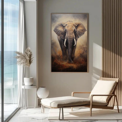 Elephant canvas wall art shown in a living room