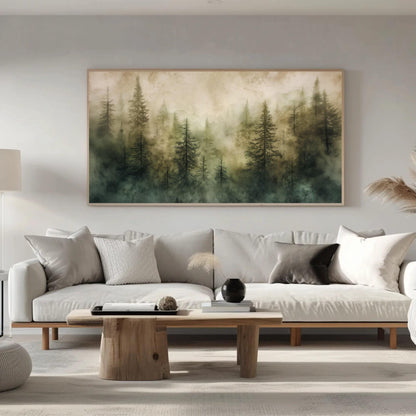 Misty Pine Forest canvas wall art shown in a living room (view 2)