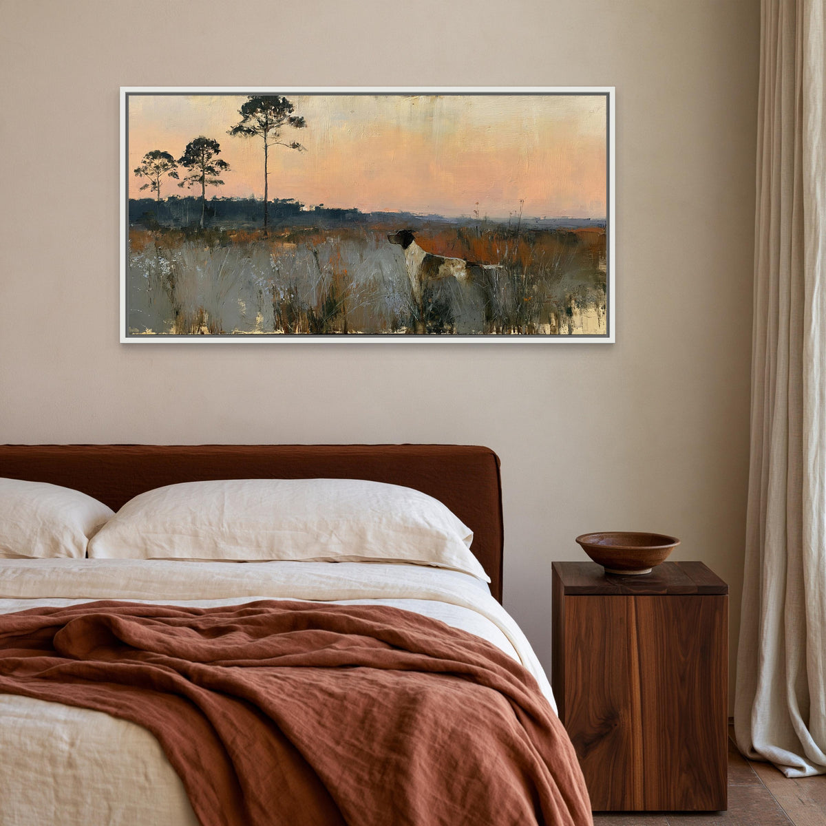 Pointer dog on point canvas wall art, bedroom with a large painting of a field and trees hanging on the wall above a bed