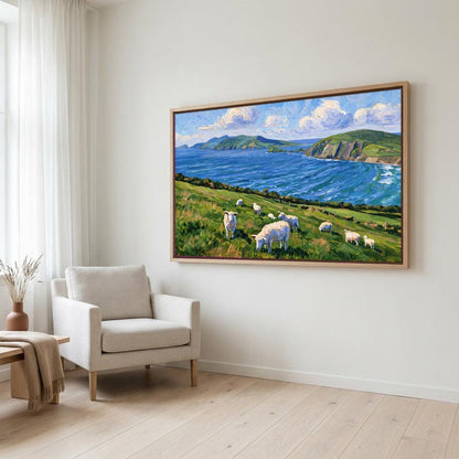 a large painting of a pastoral scene with sheep grazing in a grassy field, set against a backdrop of a blue sky with clouds and a body of water.