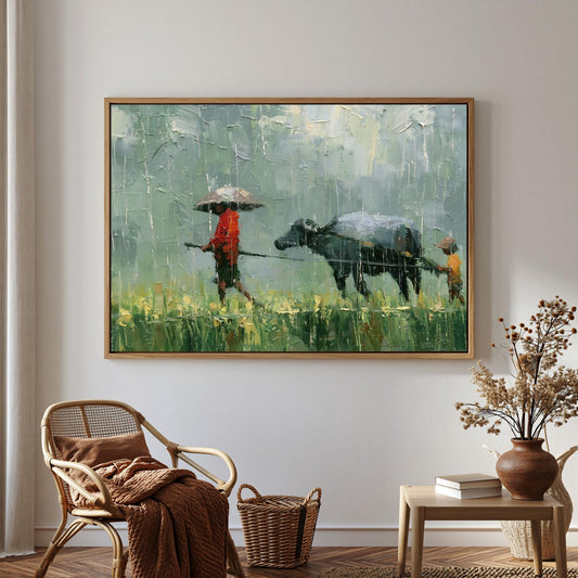 Filipino Canvas Wall Art, Carabao In Rain - Palette Knife Print! - Antarmada