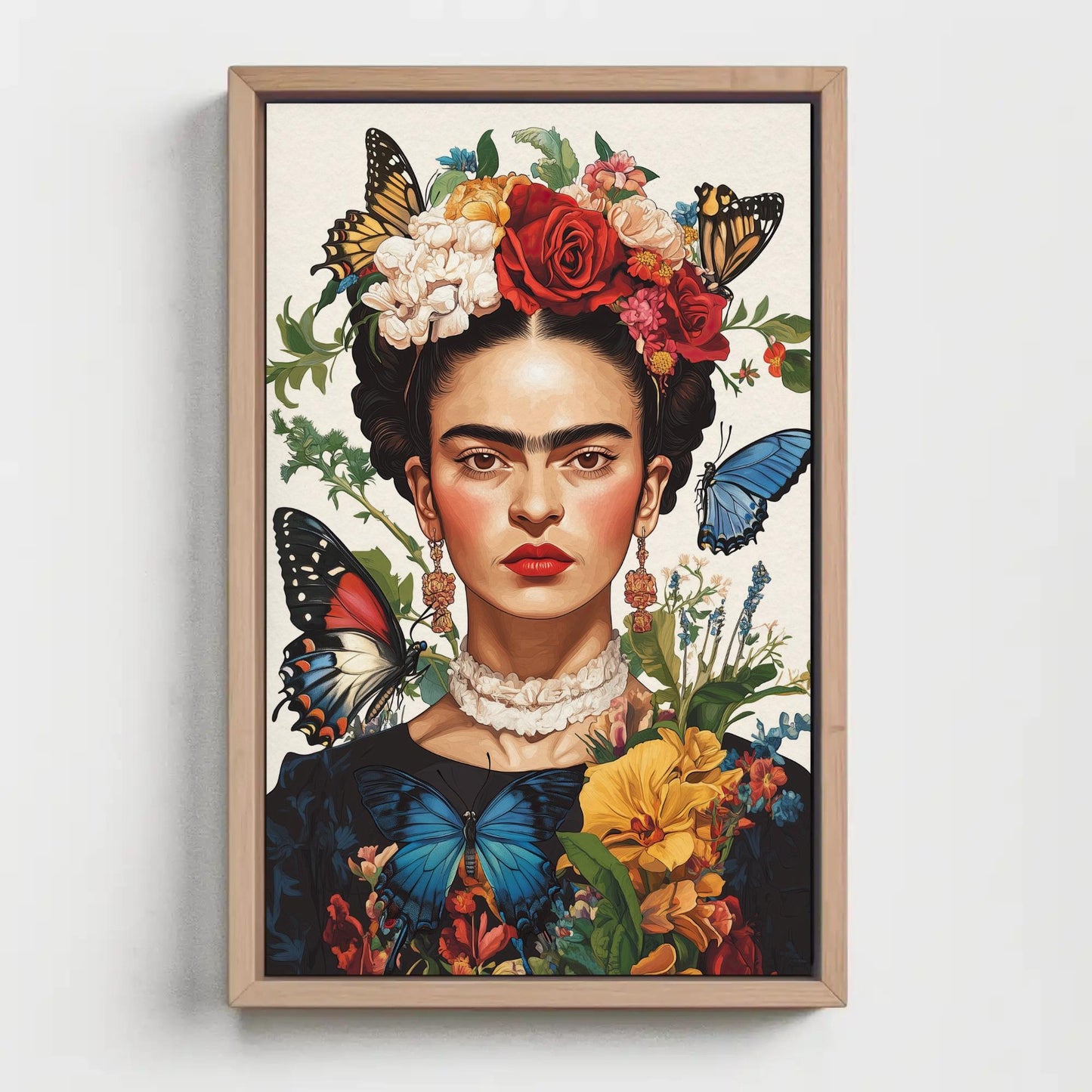Frida Kahlo Canvas Print – Vibrant Mexican Wall Art | Butterflies Flower Portrait - Antarmada
