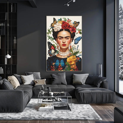 Frida Kahlo Canvas Print – Vibrant Mexican Wall Art | Butterflies Flower Portrait - Antarmada