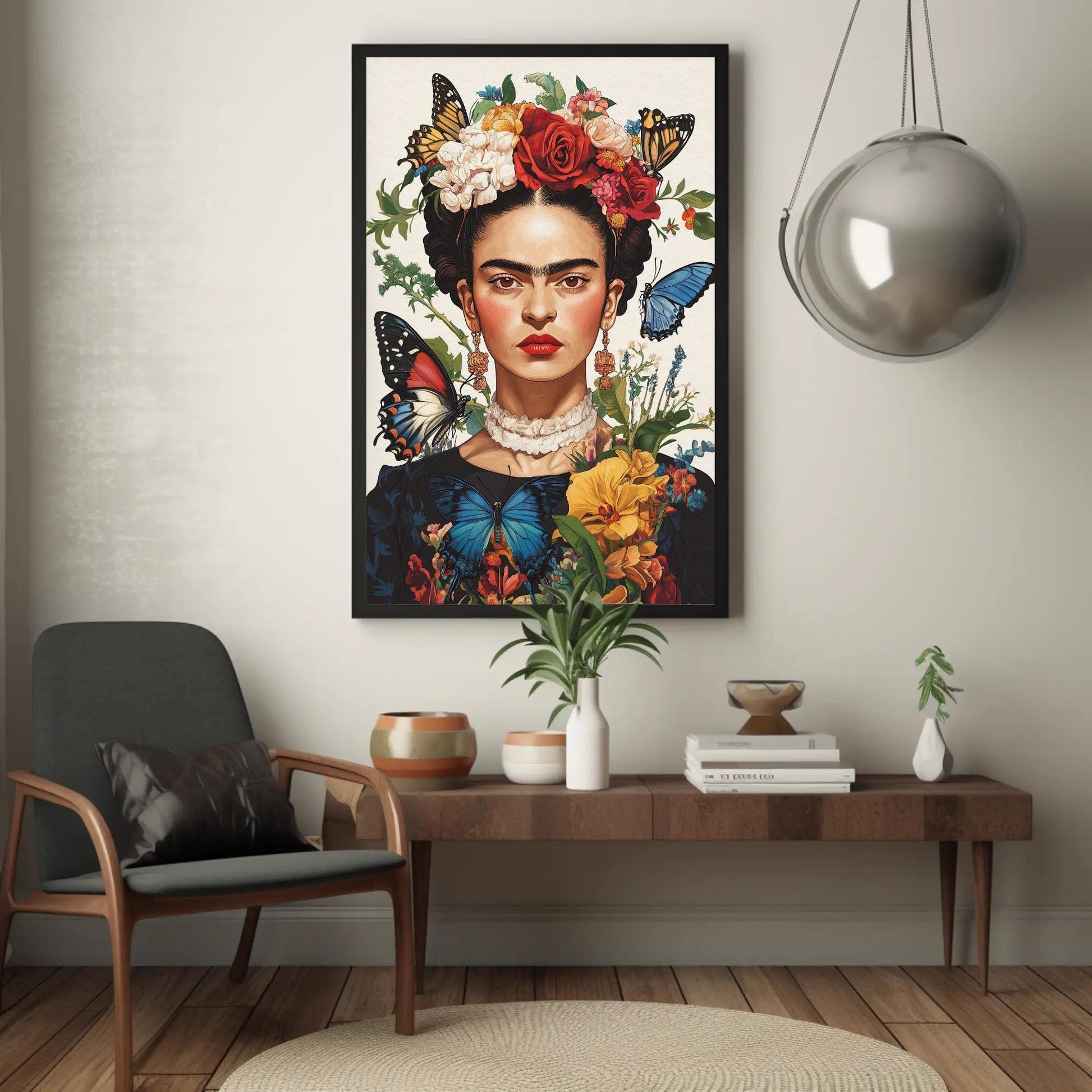 Frida Kahlo Canvas Print – Vibrant Mexican Wall Art | Butterflies Flower Portrait - Antarmada
