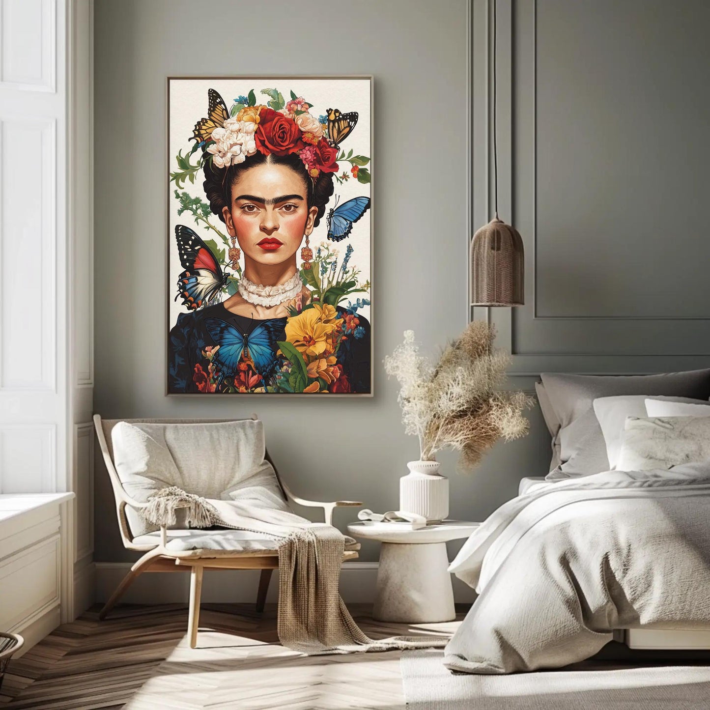 Frida Kahlo Canvas Print – Vibrant Mexican Wall Art | Butterflies Flower Portrait - Antarmada