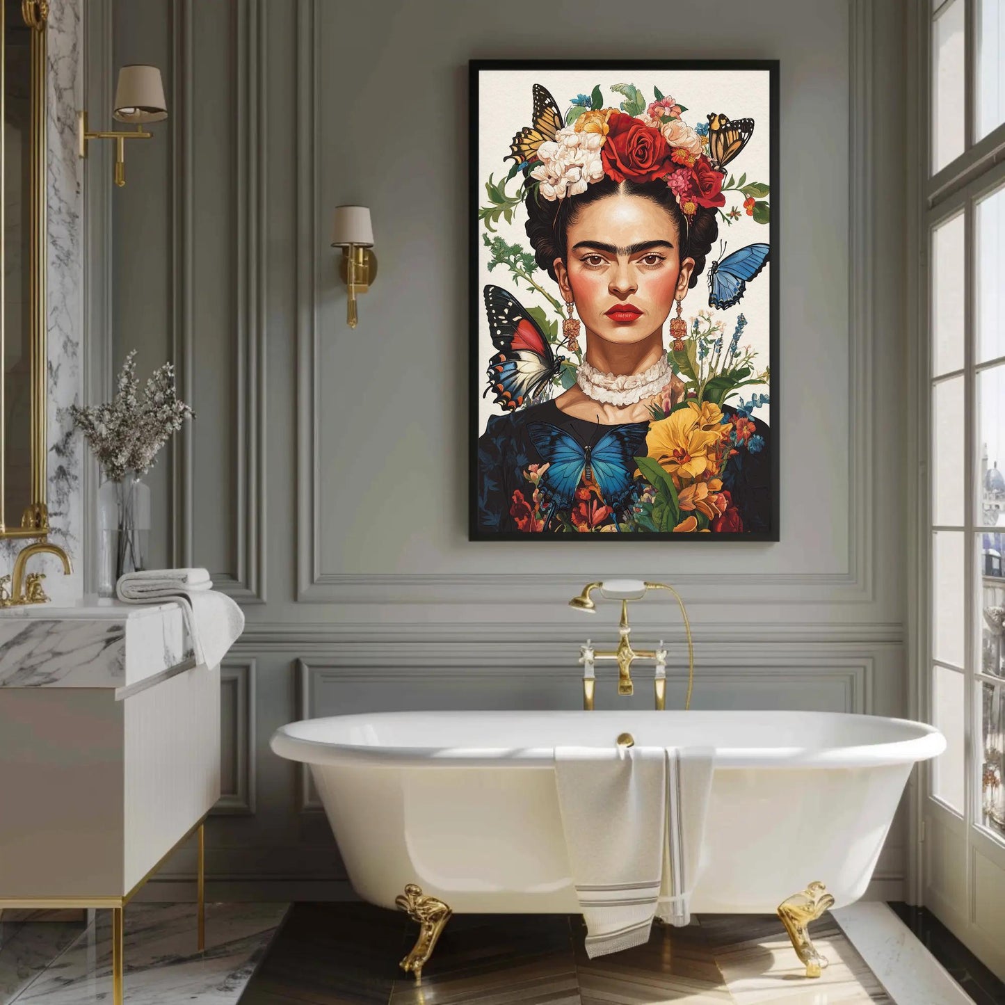 Frida Kahlo Canvas Print – Vibrant Mexican Wall Art | Butterflies Flower Portrait - Antarmada